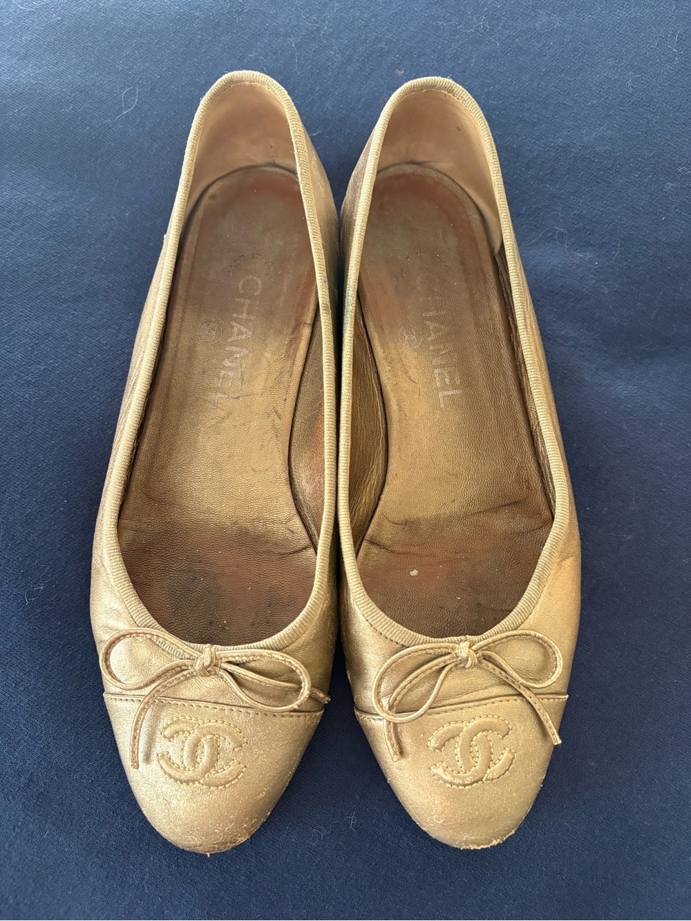 Chanel Gold Leather Ballet Flats - Women's 38